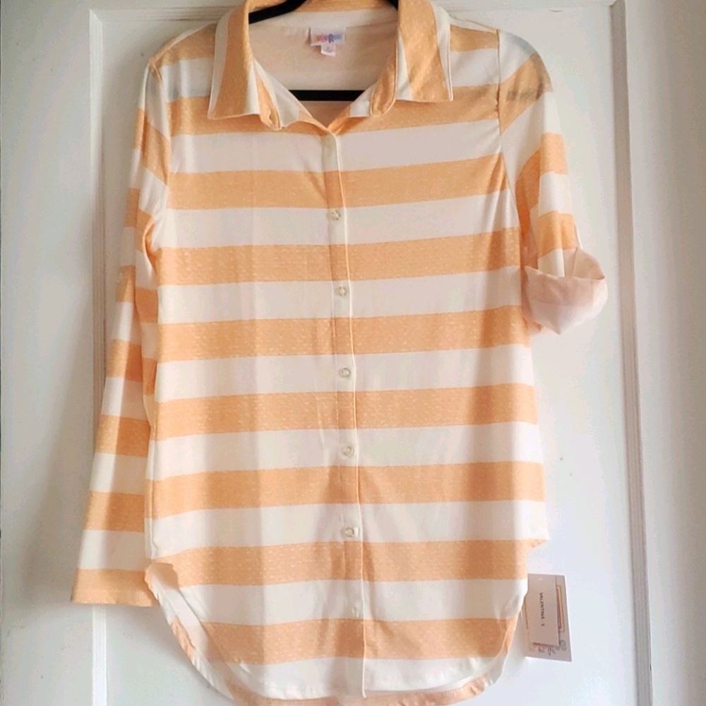 NWT LuLaRoe Valentina Button Down Shirt Small Peach White Stripe Roll Tab Sleeve